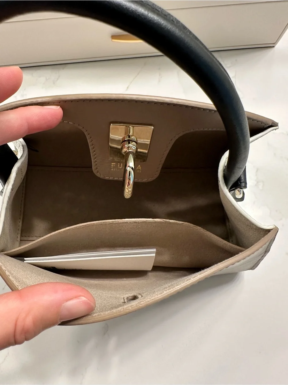 Furla Taupe Satchel with Black Top Handle